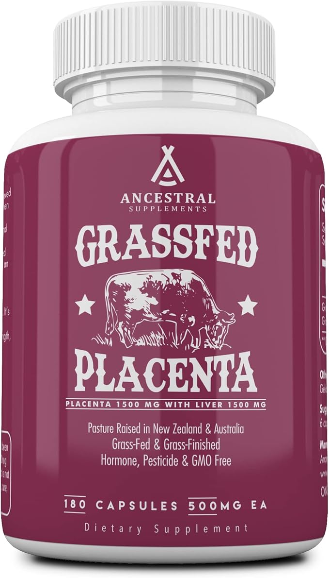 Ancestral Supplements Grass Fed Placenta Supplement with Liver Contains Postpartum Vitamins for Women Breastfeeding Promotes Menopause Relief Stem Cells Support Skin Elasticity 180 Capsules