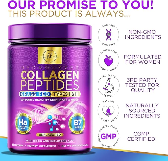 Collagen Peptides Powder 20G Per Serving - Grass Fed Hydrolyzed Collagen Powder Type I &amp III with Hyaluronic Acid &amp Biotin For Women Unflavored - Hair Skin Nails &amp Joint Support - 28 Se