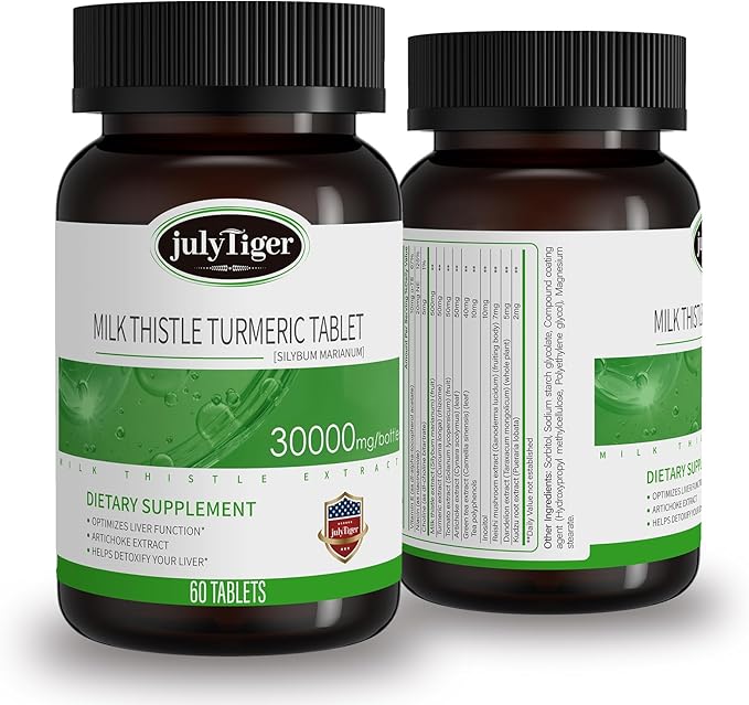 Julytiger Milk Thistle Liver Detox 500mg Extract with Rhizoma Curcumae Longae Artichoke Extract and InositolLiver Cleanse Detox &amp Repair – 60 Tablets