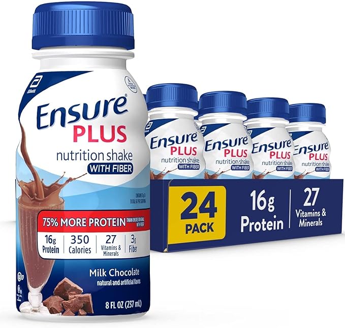 Ensure High Protein Nutritional Shake With Fiber &amp Ensure Plus Nutrition Shake With Fiber 16 Grams of Protein Meal Replacement Liquid Milk Chocolate gluten free 8 Fl Oz (Pack of 24)