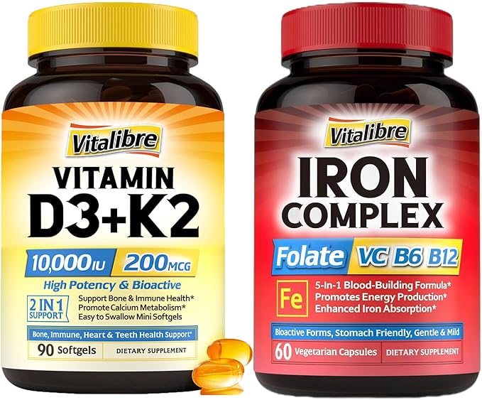 Iron Complex Supplement 60 Capsules &amp Vitamin D3 K2 Supplement 10000 IU 90 Softgels