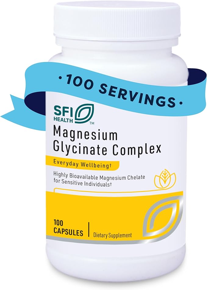 Klaire Labs SFI Health Magnesium Glycinate Complex - Chelated Magnesium Blend for Optimal Absorption - Supports Healthy Bones Muscles &amp Energy Levels - Gentle on Digestion (100 Capsules)