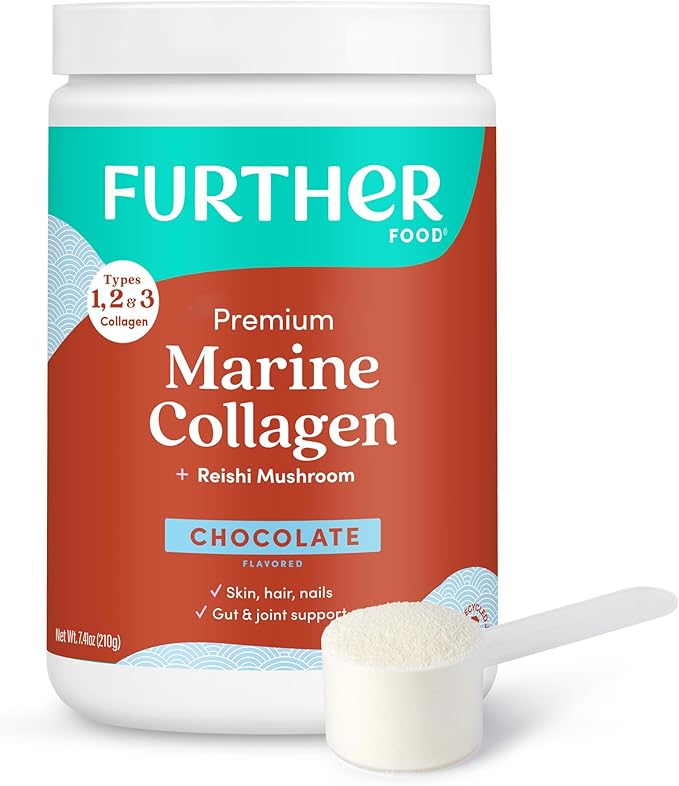 Further Food Chocolate Marine Collagen Peptides Powder with Reishi Mushroom Wild-Caught Sustainably Sourced Fish Hydrolyzed Type 1 2 &amp 3 7.41 Oz