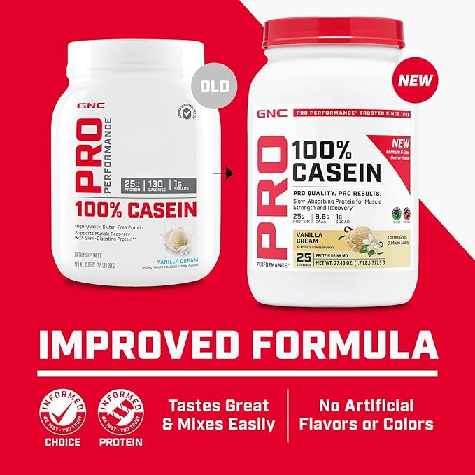 GNC Pro Performance 100% Casein Protein Powder 25g Protein Supports Sustained Muscle Strength Recovery Slow Digesting Gluten Free 3rd Party Tested Vanilla Cream 28 Servings