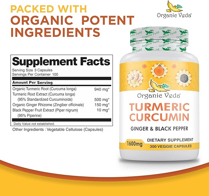 Organic Veda Turmeric and Ginger Capsules 300 Pills - Organic Turmeric Curcumin with Black Pepper for Joint Support - Non GMO Gluten Free Turmeric and Ginger Supplement (95% curcuminoids)