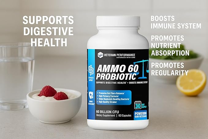Ammo 60 Probiotic – 60 Billion CFU 4 Targeted Strains + FOS Prebiotic – Supports Digestive Balance &amp Boost Immune System – Daily Probiotic Supplement