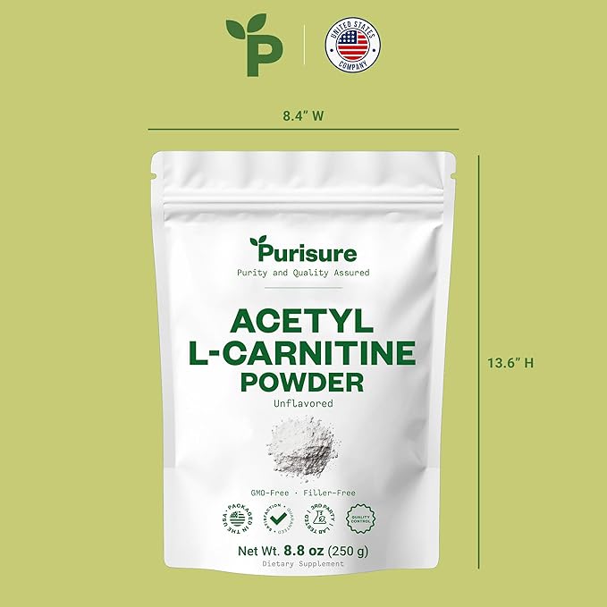 Purisure Acetyl L-Carnitine Powde ALCAR Powder Amino Acid Supplement Acetyl L-Carnitine Supplement for Better Cognitive Performance and Muscular Endurance Gluten Free Non-GMO 250g (8.8 oz)