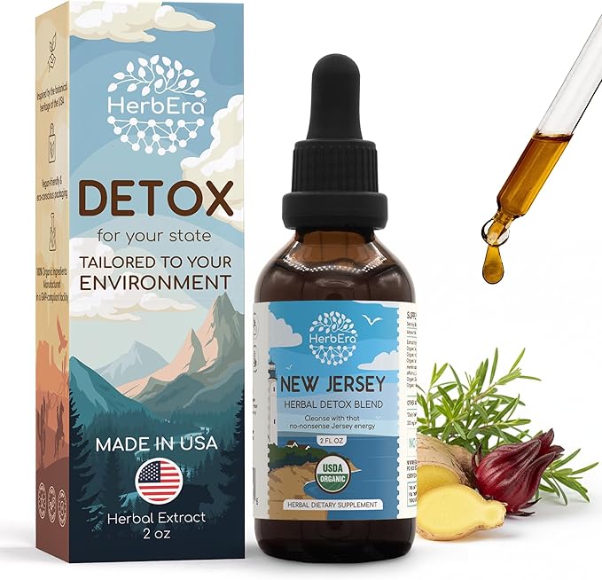 HerbEra New Jersey Herbal Detox Blend - USDA Organic Extract Made in USA | Immune &amp Liver Support Liquid Drops | Astragalus Dandelion Root Ginger Milk Thistle Chaparral | 2 fl oz