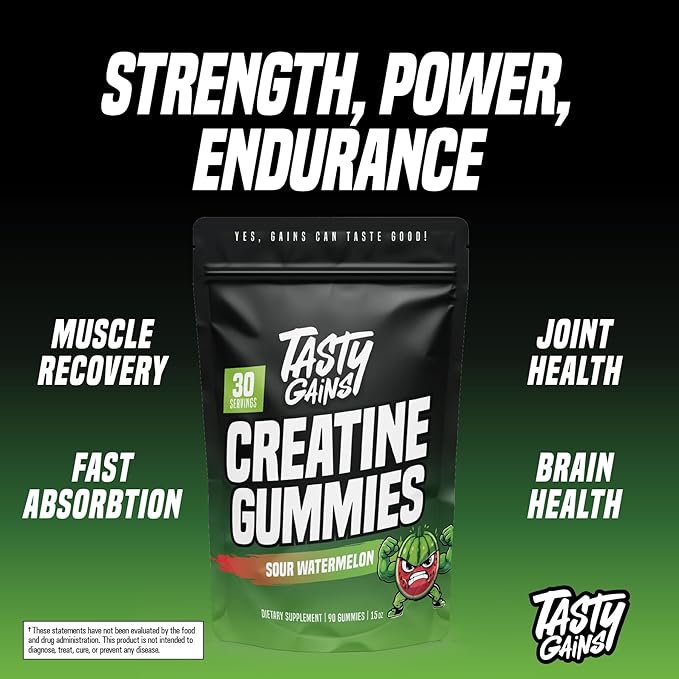 TASTY GAINS Creatine Gummies 90g of Creatine Non-GMO Vegan - Build Muscle &amp Boost Strength for Men &amp Women (1g Creatine Monohydrate Per Gummy) Made in USA (90 Sour Watermelon)