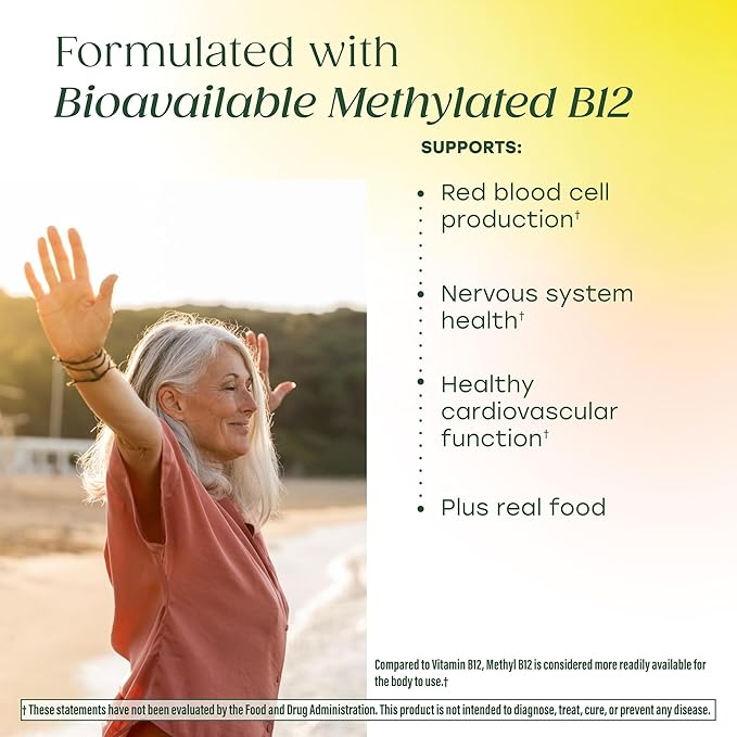 MegaFood Methyl B12 - Vegan - Includes Methyl Folate Vitamin B12 &amp B6 - Supports Cellular Energy Production Nervous System Health &amp Cardiovascular Function - 60 Tablets