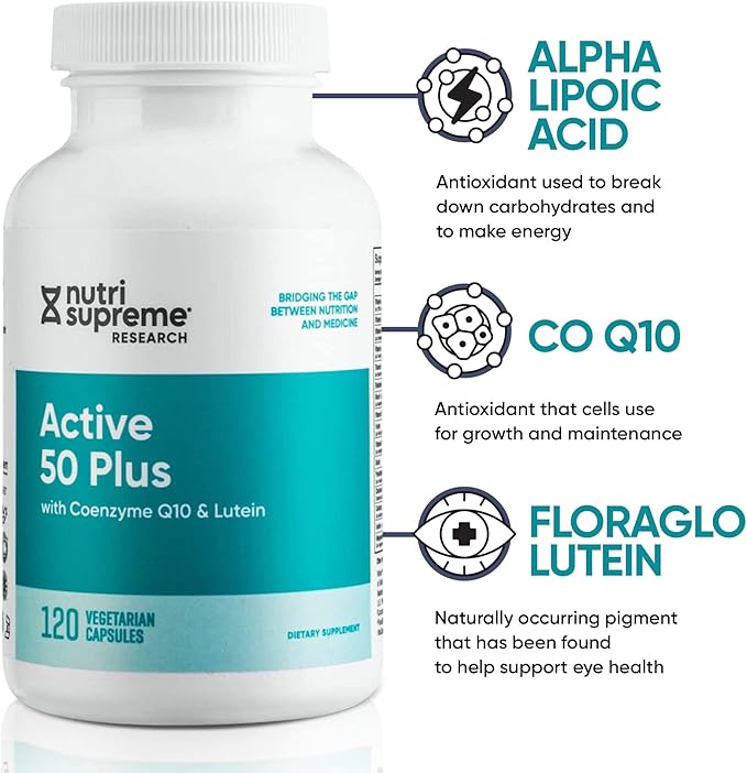Nutri Supreme Active 50 Plus CoQ10 Lutein ALA and Turmeric Advanced Formula for Healthy Aging and Vitality 120 Vegetable Capsules