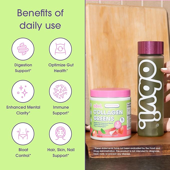 Obvi Collagen Greens | Organic Greens Superfood Powder with Collagen Peptides | Probiotics for Gut Health Skin Hair Nails | Gluten-Free Zero Sugar | Strawberry Lychee Flavor 25 Servings