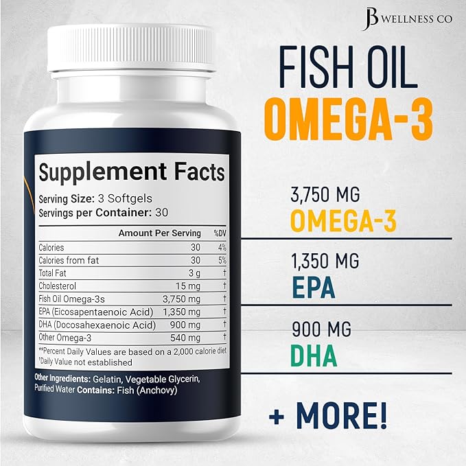 Triple Strength Omega 3 Fish Oil 3750 mg - EPA &amp DHA - Over 3000mg Omega-3 Fatty Acids - 1350mg EPA + 900mg DHA - Best Essential Fatty Acids Burpless Fish Oil - 90 Count