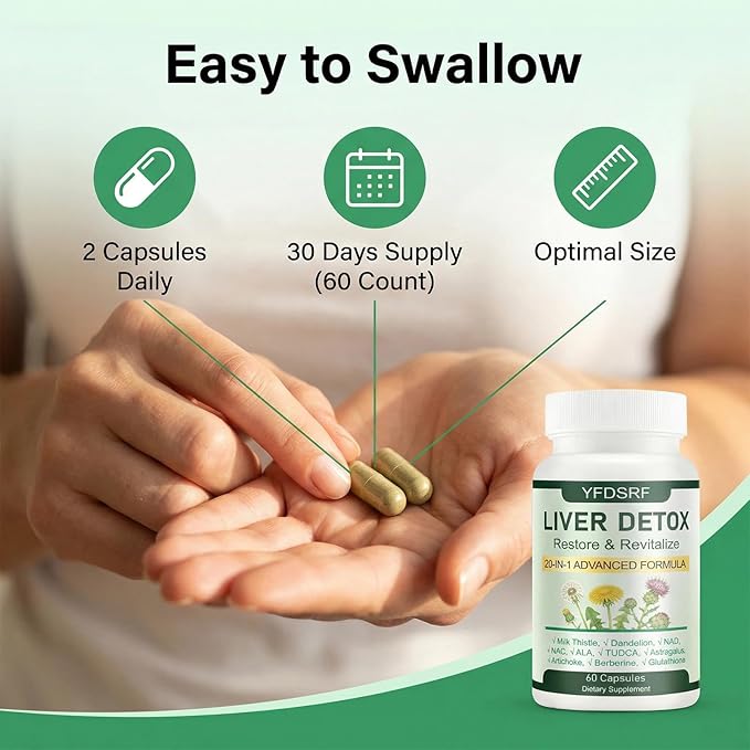 Liver Detox Capsules - 20-in-1 Herbal Supplement with Milk Thistle Turmeric Artichoke &amp Dandelion Root for Liver Cleanse Fatty Liver Support &amp Digestive Balance Vegan Formula 60 Capsules