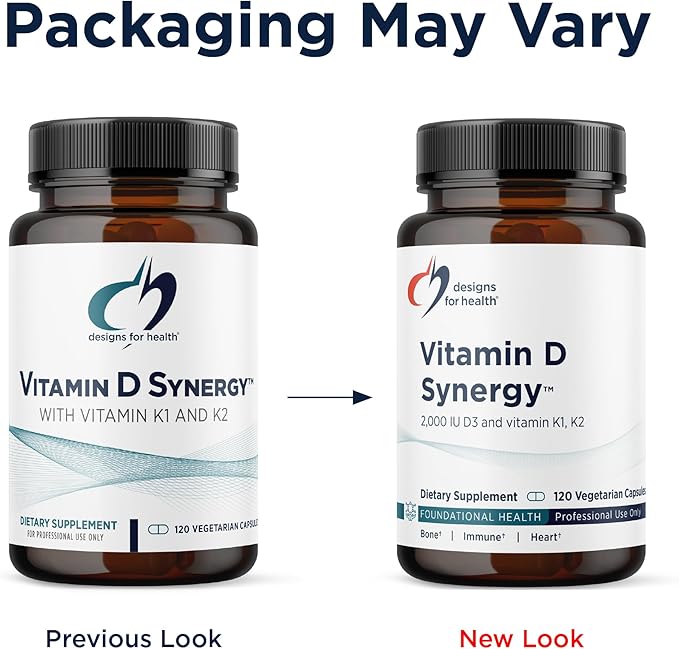 Designs for Health Vitamin D Synergy - 2000 IU Vitamin D with K Supplement - Supports Healthy Moods Bone Health + Immune Health for Adults - VIT D3 + Vitamin K - Gluten Free + Non-GMO (120 Capsules)