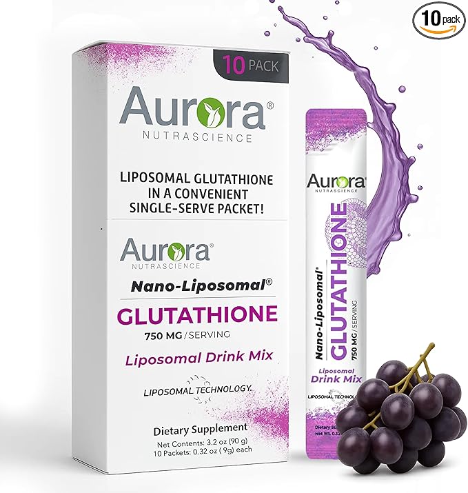 Aurora Nutrascience Nano-Liposomal Glutathione Grape Powdered Drink Mix Immune &amp Antioxidant Gut Health Support Supplement 750 mg per Serving Non-GMO Sugar-Free 10 Single Serve Packets