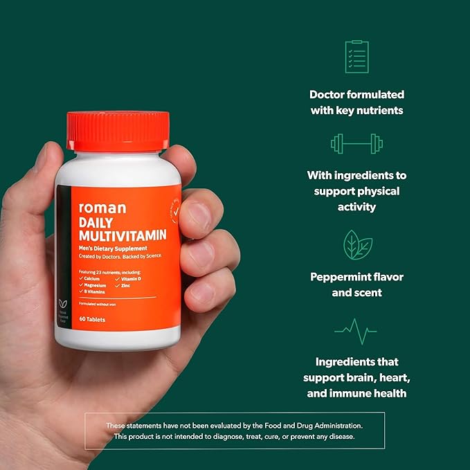 ROMAN Men's Daily Health &amp Skincare Bundle | Multivitamin with 23 Key Nutrients for Energy Brain &amp Heart Support (60 Tablets) + Enriching Cream for 24-Hour Hydration &amp Smoother Skin (25mL