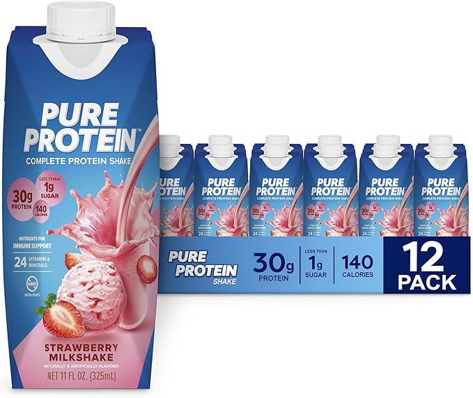 Pure Protein Protein Shake Bundle 30g Protein 11oz Bottles 12 Packs Strawberry &amp Chocolate Milkshake Flavors