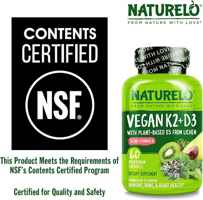 NATURELO Vitamin D3 K2 - Vegan K2+D3 with Plant Based D3 from Lichen - Natural D3 Supplement for Immune System Bone Support Heart Health - Whole Food - Non-GMO - Gluten Free 60 Capsules (Pack of 2)