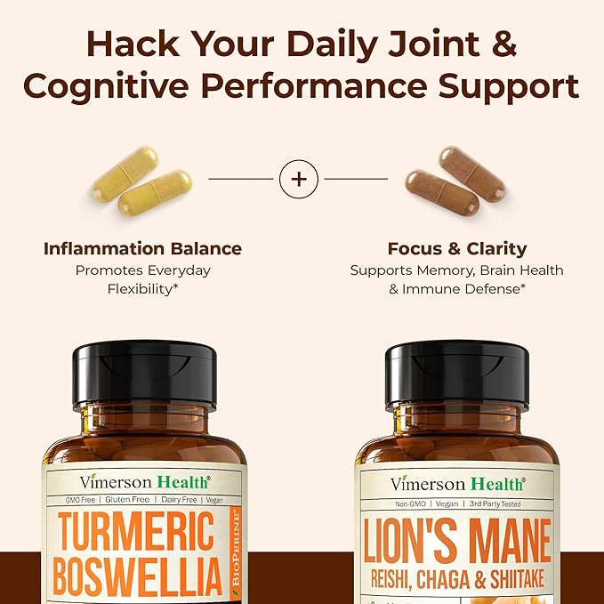 Boswellia Turmeric Curcumin Supplement + Lions Mane Supplement Capsules Bundle – for Joint Health Mood &amp Immune Support – with Ginger Organic Turmeric Powder Turkey Tail Shiitake Mushrooms &am