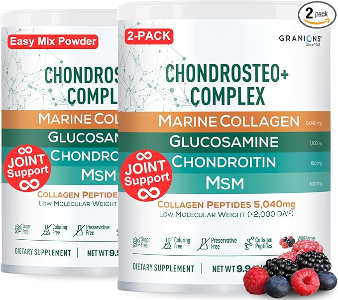 Granions Glucosamine Chondroitin MSM Complex Powder – Joint Supplements for Men and Women - Chondrosteo Hydrolyzed Marine Collagen Peptides Pack of 2 – Wild Berry Flavor 19.8oz