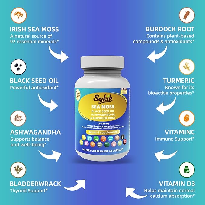Sykik Sea Moss Black Seed Oil with Ashwagandha Turmeric Bladderwrack Burdock Vitamins C &amp D3 Elderberry Manuka Dandelion Yellow Dock Iodine Chlorophyll ACV 60 Capsules