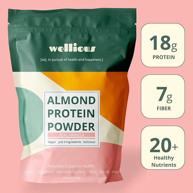 wellious Almond Protein Powder (Vanilla) - 18 Grams of Pure Healthiest Vegan Protein for Women &amp Men - Perfect Gluten-Free Soy-Free &amp Smooth Gut Friendly Protein Powder for Sports Nutrition
