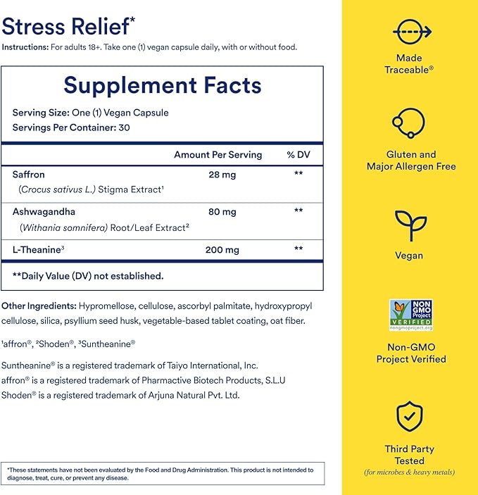 Ritual Stress Relief Supplement Shoden® Ashwagandha Suntheanine® L-Theanine and Saffron as affron®* BioSeries with 8-Hour Release to Support Natural Cortisol Response and Promote Calm 30 Day