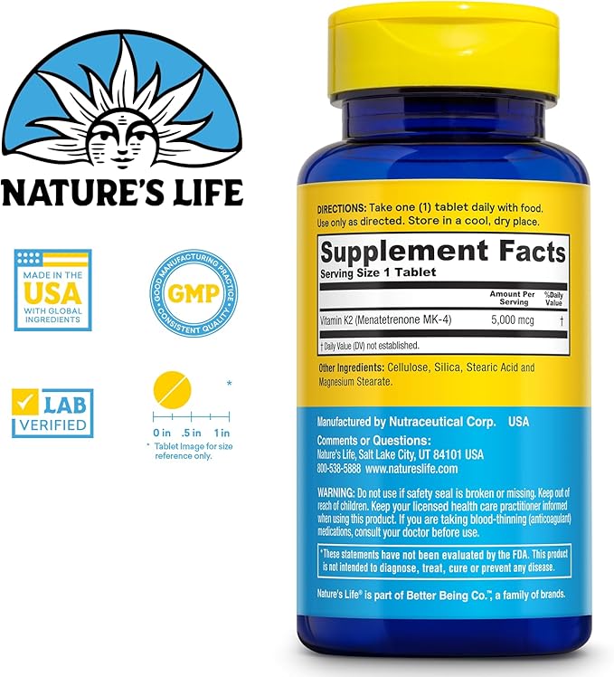 Nature's Life Revitalizing Vitamin K2 - Bone Health Artery and Heart Health Support - High Potency Vitamin K Supplement as Vitamin K2 MK4-60 Day Guarantee Lab Verified - 60 Servings 60 Tablets