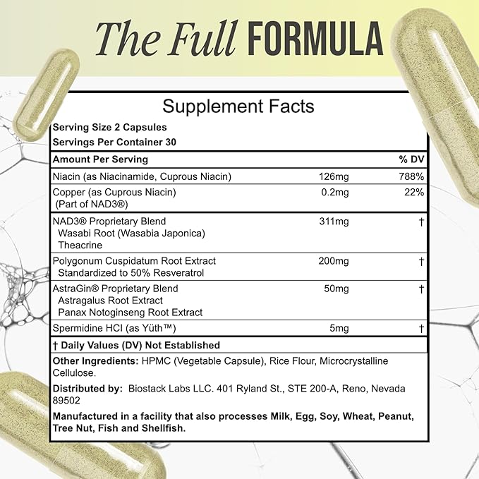 BIOSTACK NAD Regen - Advanced NAD+ Supplement with NAD3 Yüth Spermidine Resveratrol Niacinamide | NMNH Alternative | Anti Aging Longevity &amp Cellular Health Vitamin B3 Complex (180 Capsules)