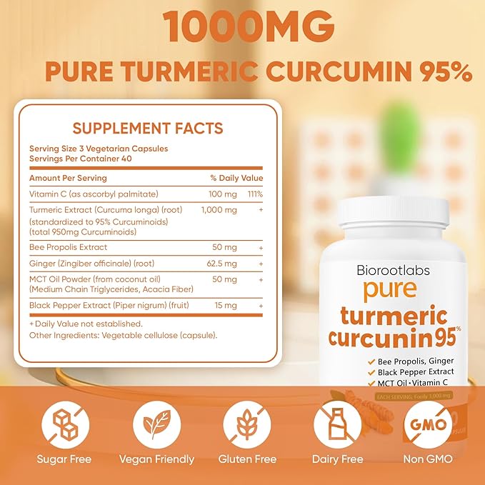 Biorootlabs Turmeric Curcumin Supplement 1000mg – 95% Curcuminoids with Ginger Bee Propolis Black Pepper MCT Oil – High Absorption Formula for Wellness &amp Immune Support – 120 Capsules(1)