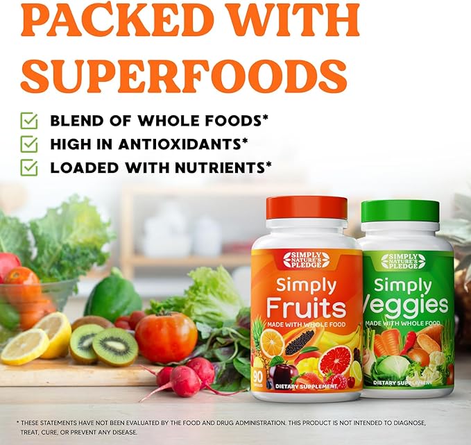 Simply Nature's Pledge - Packed with Over 40 Different Fruits &amp Vegetables - Made with Whole Food Superfoods - with High Beta Carotene – 100% Soy Free - 90 Count (Pack of 2)