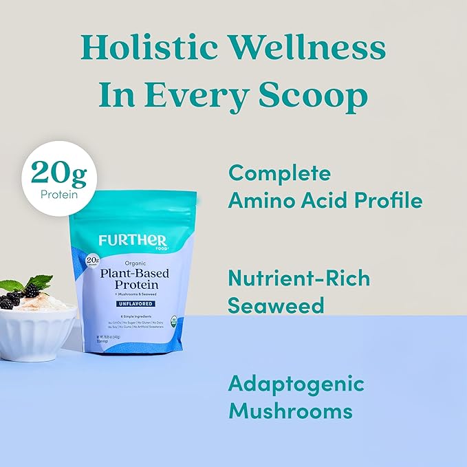 Further Food Organic Vegan Protein Powder Unflavored – 20g Pea Protein with Mushrooms &amp Seaweed Non-GMO Gluten Free Sugar Free 20.46 Oz