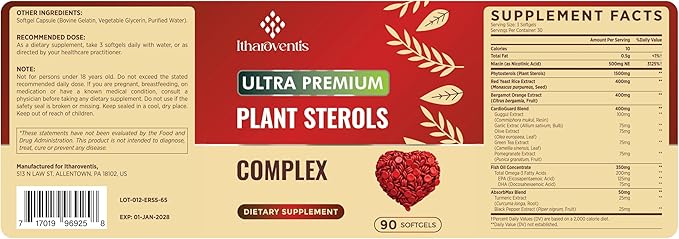 Cholesterol Supplements with Plant Sterols Niacin Red Yeast Rice Bergamot Omega-3 &amp Garlic - Advenced Absorption Formula - 90 Softgels