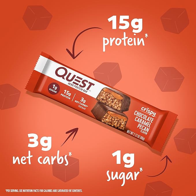 Quest Protein Shake Salted Caramel 4 Count(Pack of 3) and Hero Protein Bar Crispy Chocolate Caramel Pecan 12 Count Bundle