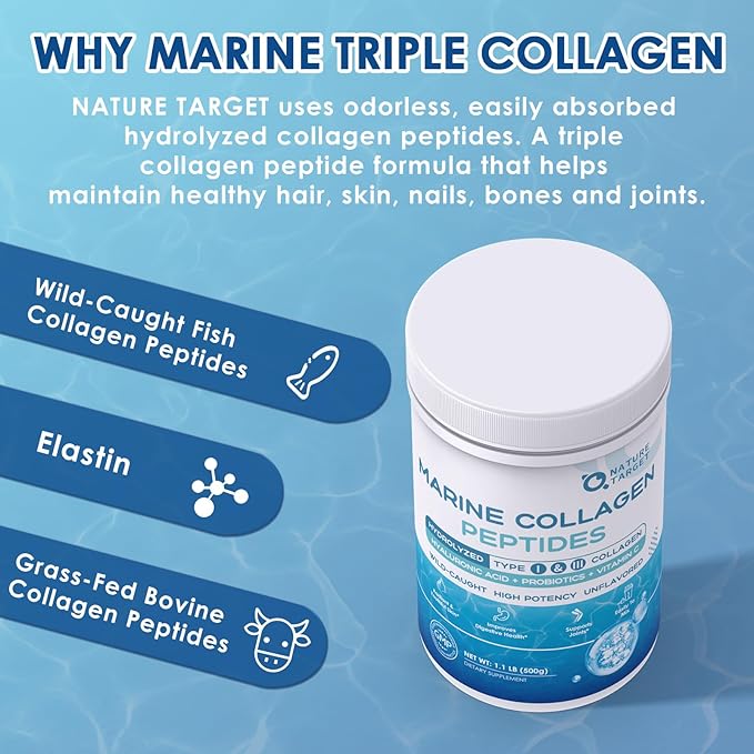 NATURE TARGET Marine Collagen Powder for Women - Multi Collagen Peptides with Hyaluronic Acid &amp Vitamin C for Hair Skin Nails &amp Joints - Wild-Caught Fish &amp Grass-Fed Bovine 50 Servings