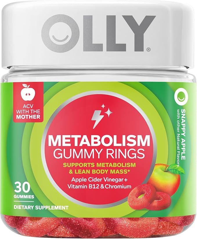 OLLY Metabolism Gummy Rings Apple Cider Vinegar Vitamin B12 Chromium Energy and Digestive Health Chewable Supplement (30 Count) and OLLY Beat The Bloat Capsules Digestive Support Enzymes Supplem