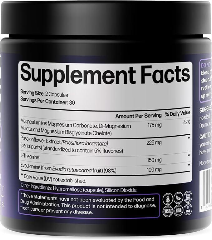Doctor Formulated Triple Magnesium for Sleep Calm &amp Relaxation with Chelated Magnesium Glycinate L-Theanine Passionflower &amp Evodia – Non-Habit No Melatonin Magnesium Sleep Aid Support Supp
