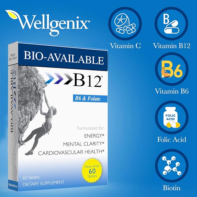 Wellgenix Bio Available Sublingual B12-60ct (2 Pack) - Daily Multivitamins Focus Support Formula w/Vitamins C B6 B12 Folate &amp Biotin -Energy &amp Diet Supplement for Immune &amp Overall Healt