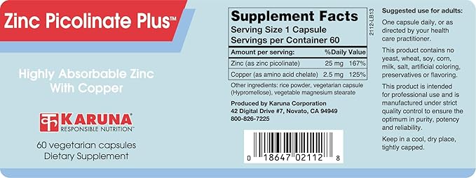 Karuna Zinc Picolinate Plus 60 Vegetarian Capsules | 25 MG Plus 2.5 MG Copper for BALACED Long Term USE | Supporting Immune Function Skin Health Development and Overall Well-Being.