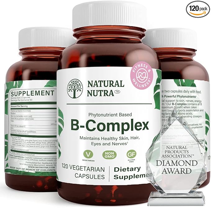 Natural Nutra Vitamin B Complex with Niacin Folate Thiamin Biotin Supports Nervous System Health Promotes Metabolism Skin Eyes and Hair Health Whole Food Supplement 120 Vegetarian Capsules