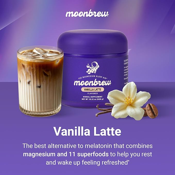 MoonBrew Nighttime Magnesium Vanilla Latte Mix Natural Sleep Aid Drink Mix for Adults - Calming Melatonin-Free Sleep Support Powder with Magnesium Glycinate L-Theanine Chamomile &amp Zinc