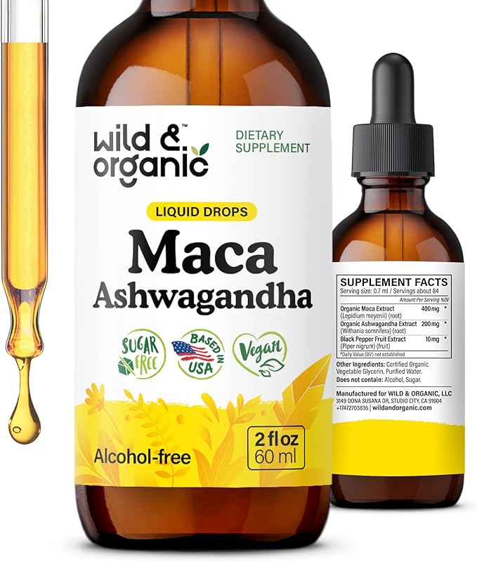 Wild &amp Organic Maca Ashwagandha Drops for Men and Women - Peruvian Maca Root and Ashwagandha Tincture for Overall Support - Vegan Sugar &amp Alcohol-Free Extract Supplement - 2 fl oz