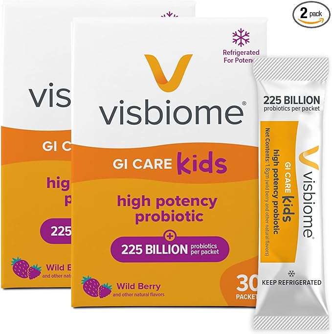 Visbiome® GI Care Kids - High Potency Probiotic for IBS &amp UC Symptoms - Wild Berry Flavor No Dyes- 225 Billion CFU Live Probiotics for Children Cold Chain Shipping 60 Packets