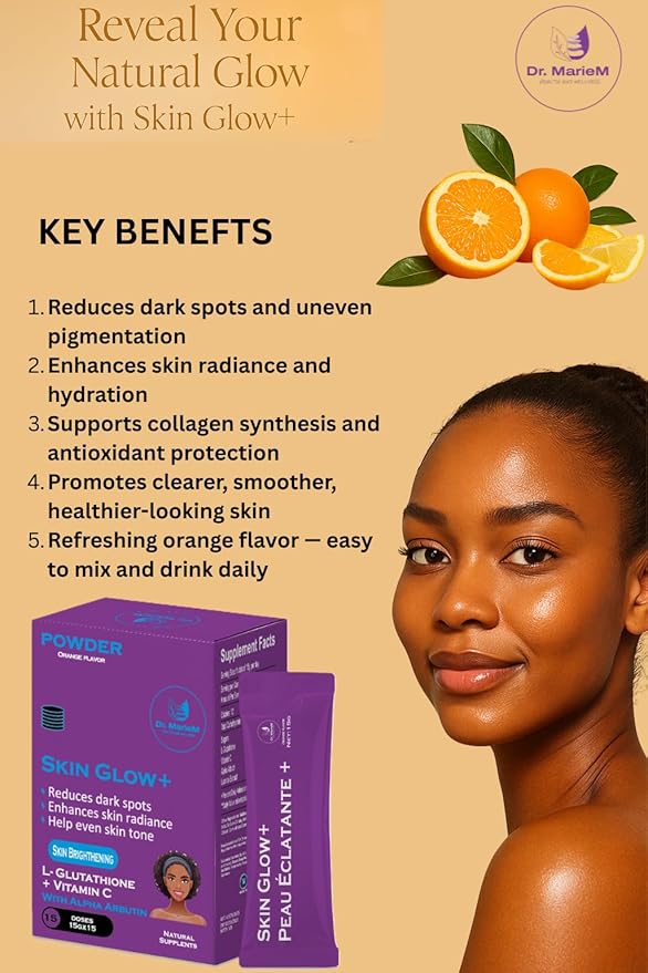 Skin Glow+ Brightening Powder - Supplement – 1000mg L-Glutathione + 500mg Vitamin C with 200mg Alpha Arbutin – Reduces Dark Spots Evens Skin Tone – Orange Flavor – 15g/stick
