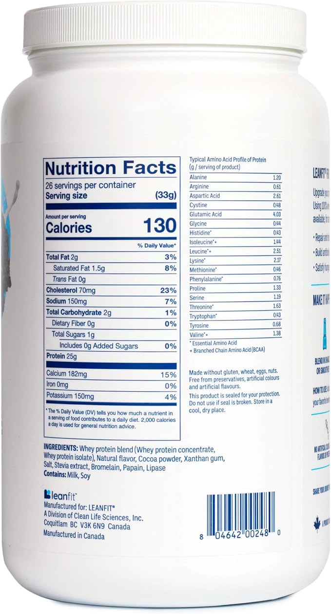 LeanFit WHEY Protein Cookies &amp Cream - 100% Whey Protein Powder 25g Protein Per Serving - Grass-Fed Gluten-Free BCAAs Amino Acid - 26 Servings 1.88 lb Tub