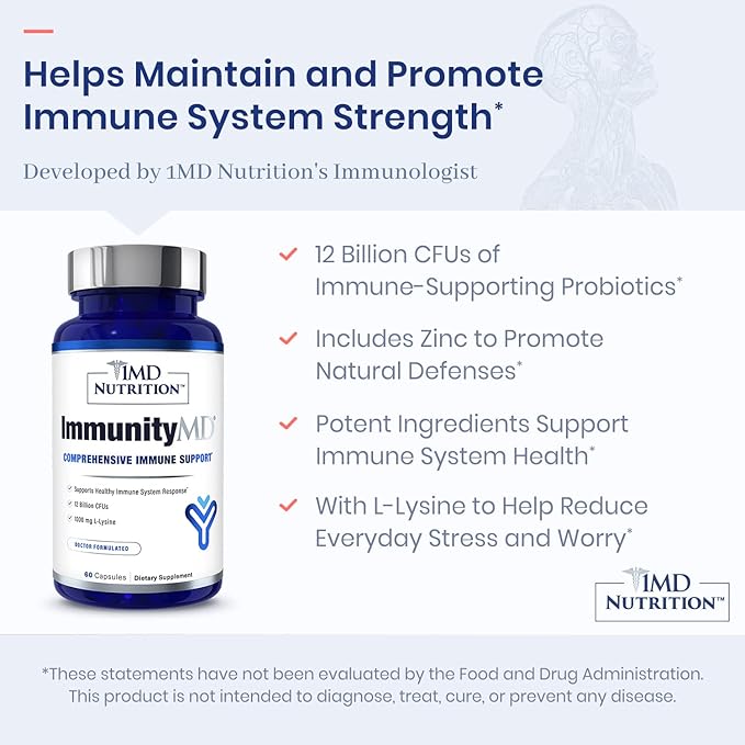 1MD Nutrition ImmunityMD - Immune Health Probiotic | Potent Doctor-Selected Probiotic Strains with Prebiotic - Promote Overall Immune System Strength Reduce Everyday Stress | 60 Capsules (2 Pack)