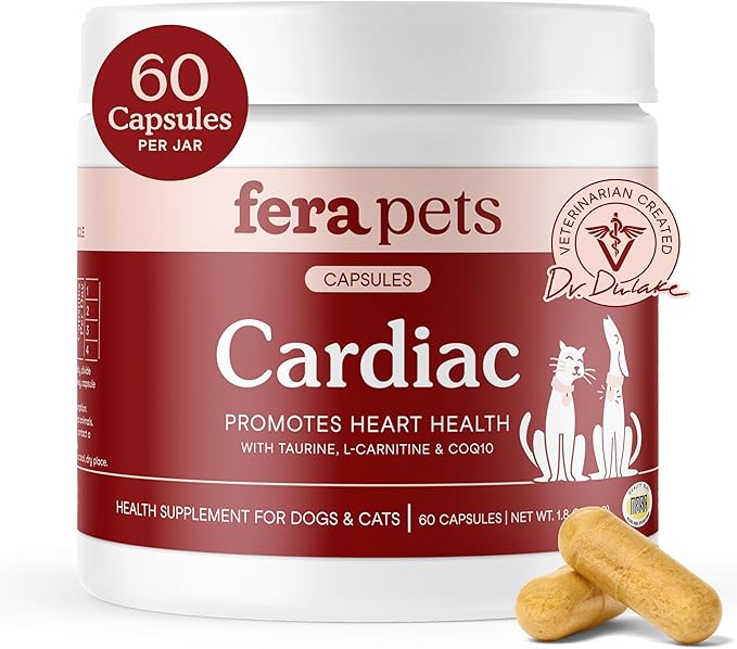 Fera Pets Cardiac Support - Cat &amp Dog Heart Supplement with Taurine L-Carnitine &amp CoQ10 - Promotes Normal Circulation and Heartbeat - 60 Capsules