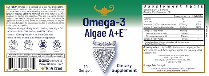 RnA ReSet Omega-3 Algae A+E – Plant-Based DHA &amp EPA with Vitamins A and E Fish Oil Alternative (60 Softgels) NSF Contents Certified Cardiovascular Health Joint Support Brain Health