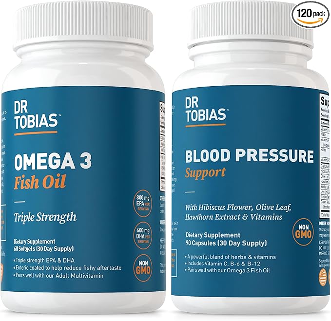 Dr. Tobias Omega 3 Fish Oil &amp Blood Pressure Support Supplements for Heart Brain Immune Circulatory Health with Vitamin C B6 B12 Niacin Folate &amp Herbs